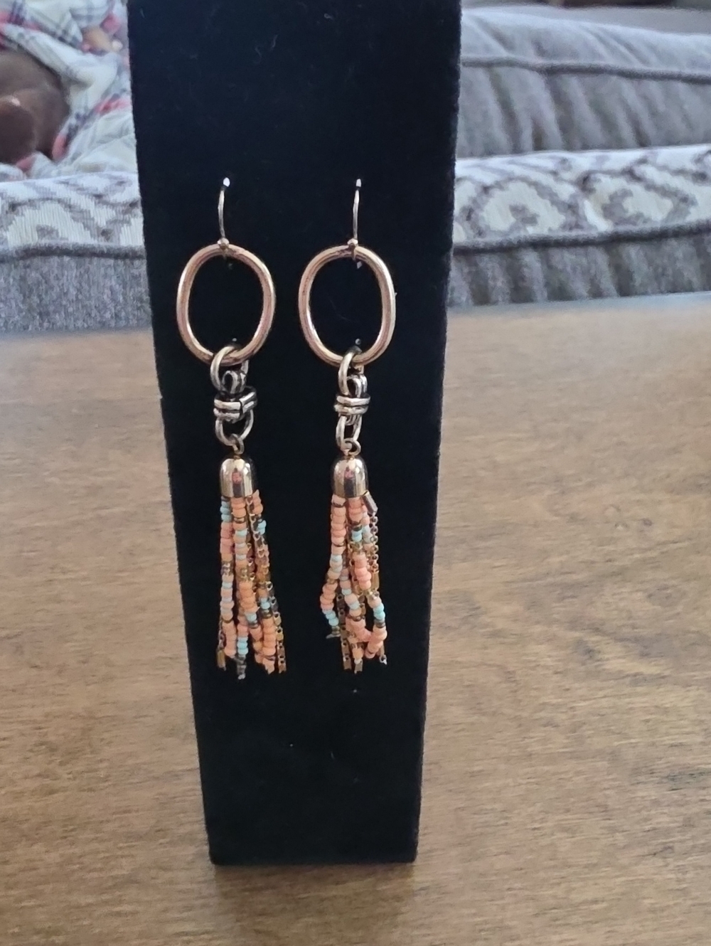 Buckle Peach and Aqua Seed Bead Tassel Earrings